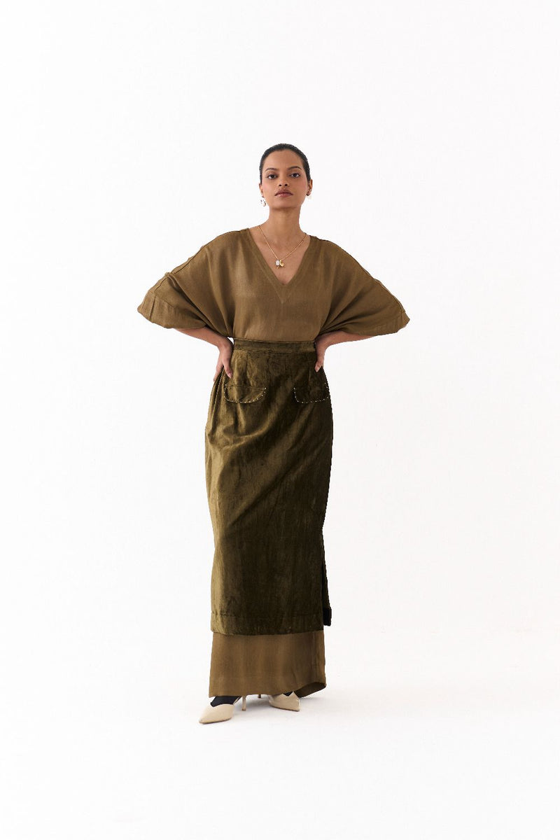 LONG KAFTAN CO-ORD (SET OF 2)-DARK OLIVE satin by THREE in olive color for women Worldwide