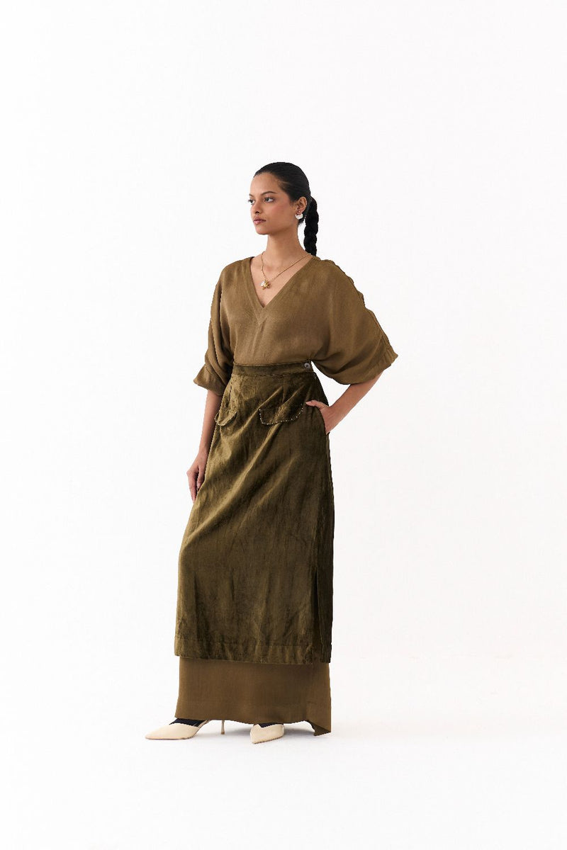 LONG KAFTAN CO-ORD (SET OF 2)-DARK OLIVE satin by THREE in olive color for women Worldwide