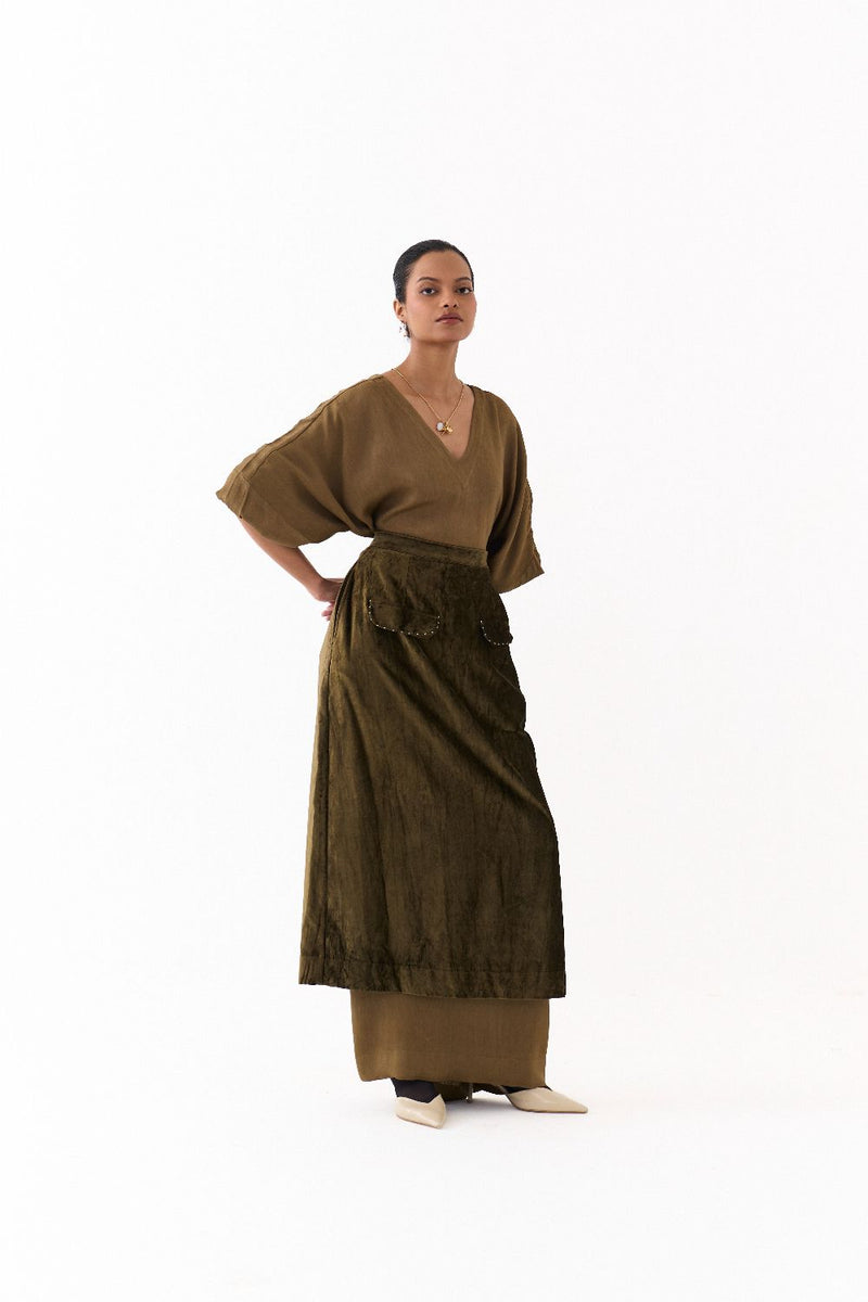 LONG KAFTAN CO-ORD (SET OF 2)-DARK OLIVE satin by THREE in olive color for women Worldwide