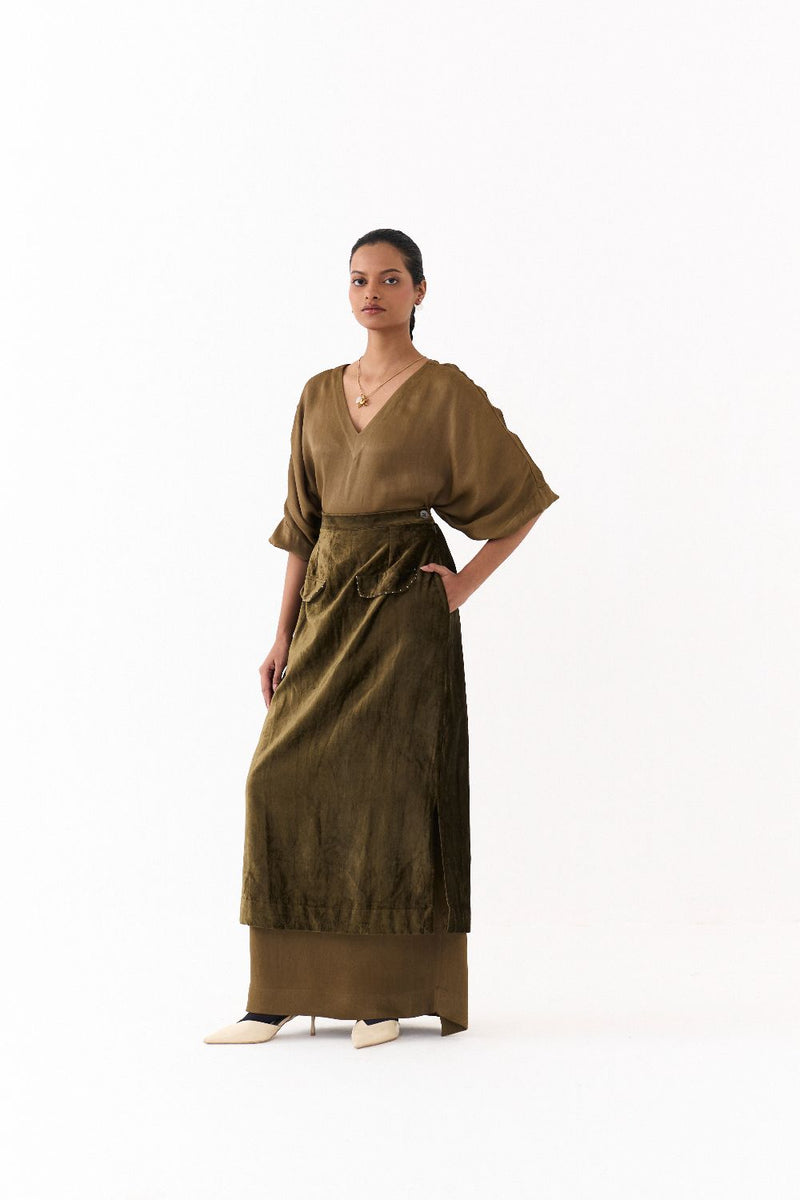 LONG KAFTAN CO-ORD (SET OF 2)-DARK OLIVE satin by THREE in olive color for women Worldwide
