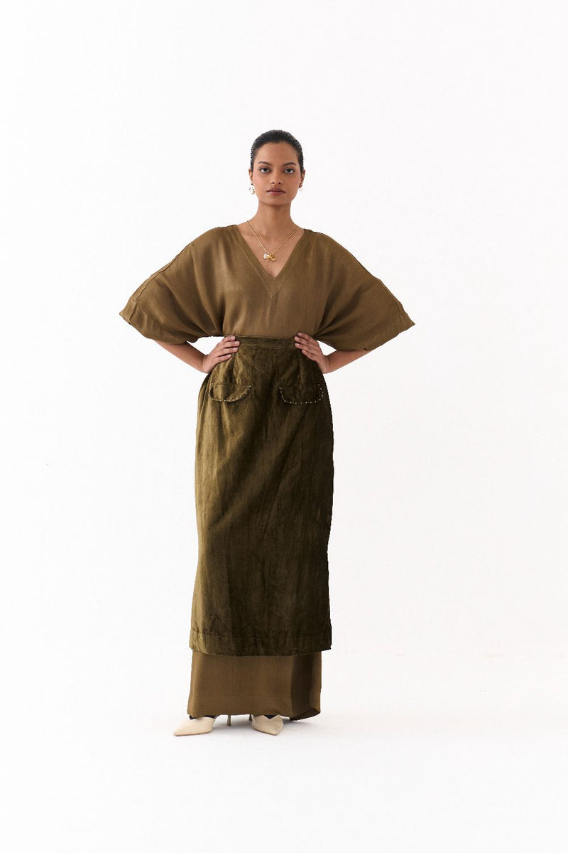 LONG KAFTAN CO-ORD (SET OF 2)-DARK OLIVE satin by THREE in olive color for women Worldwide