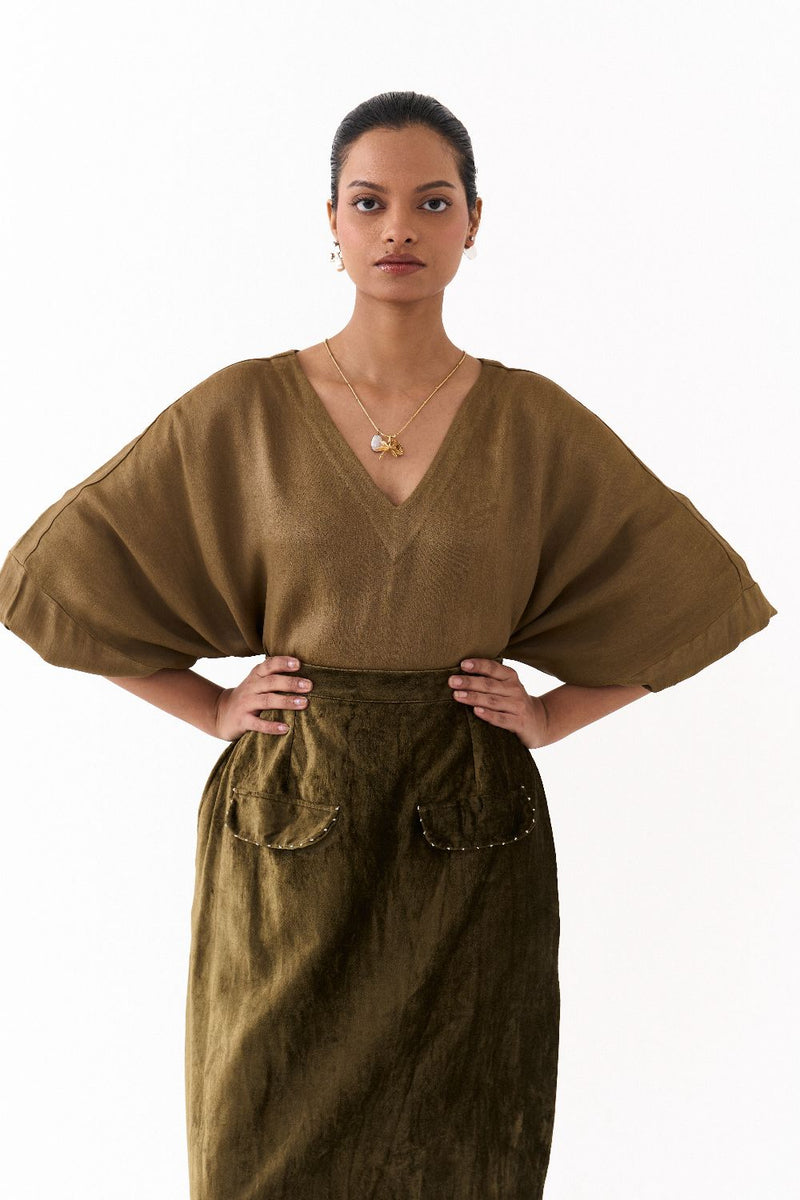 LONG KAFTAN CO-ORD (SET OF 2)-DARK OLIVE satin by THREE in olive color for women Worldwide