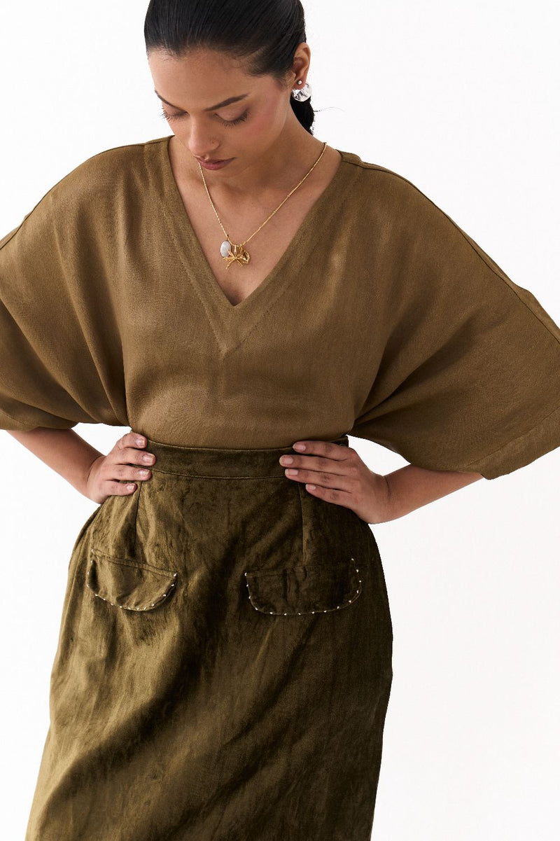 LONG KAFTAN CO-ORD (SET OF 2)-DARK OLIVE satin by THREE in olive color for women Worldwide