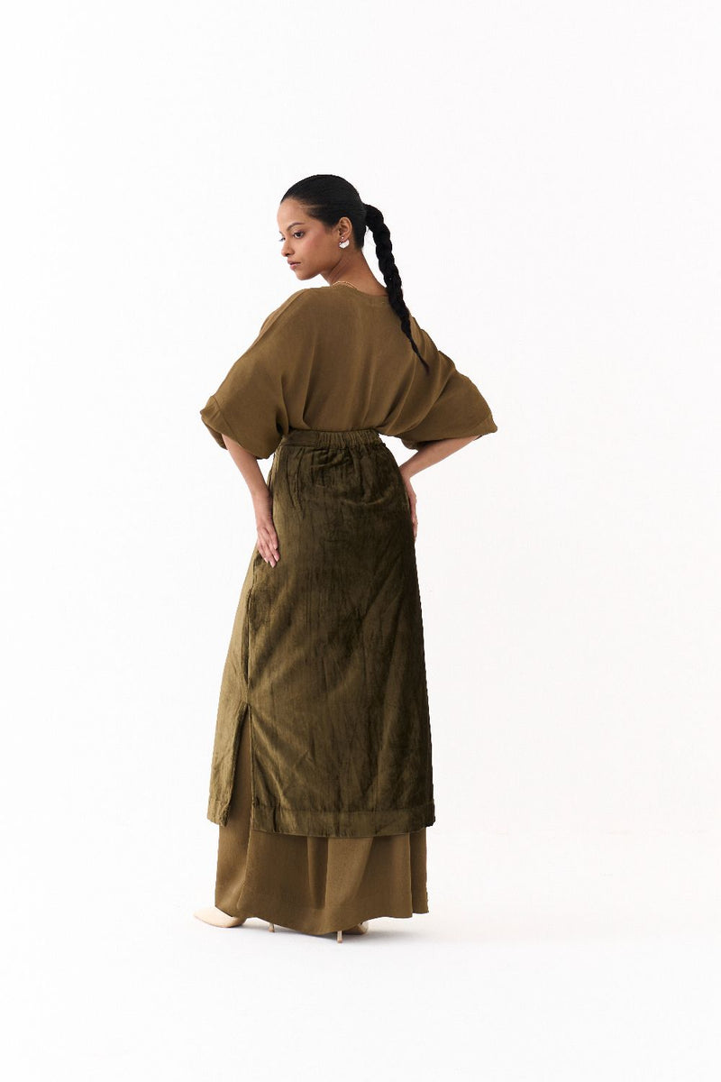 LONG KAFTAN CO-ORD (SET OF 2)-DARK OLIVE satin by THREE in olive color for women Worldwide