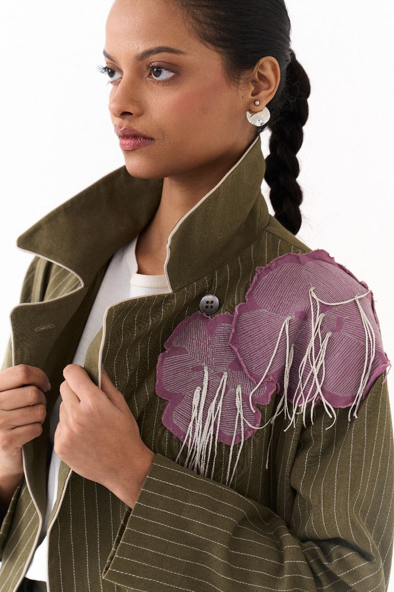 EMB FLORAL PATCH JACKET CO ORD (SET OF 2)-OLIVE twill by THREE in olive color for women Worldwide