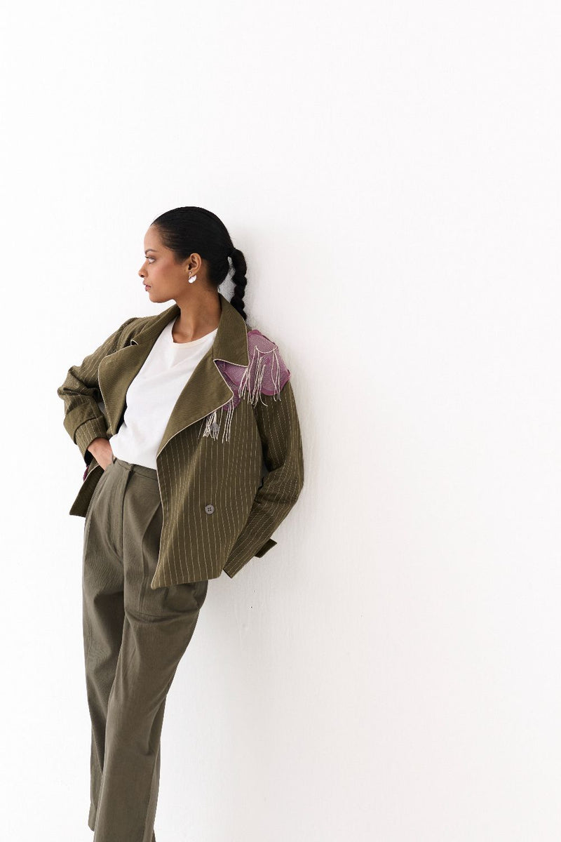 EMB FLORAL PATCH JACKET CO ORD (SET OF 2)-OLIVE twill by THREE in olive color for women Worldwide
