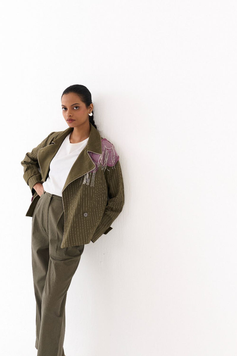 EMB FLORAL PATCH JACKET CO ORD (SET OF 2)-OLIVE twill by THREE in olive color for women Worldwide