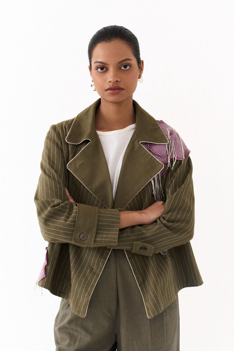EMB FLORAL PATCH JACKET-OLIVE twill by THREE in olive color for women Worldwide