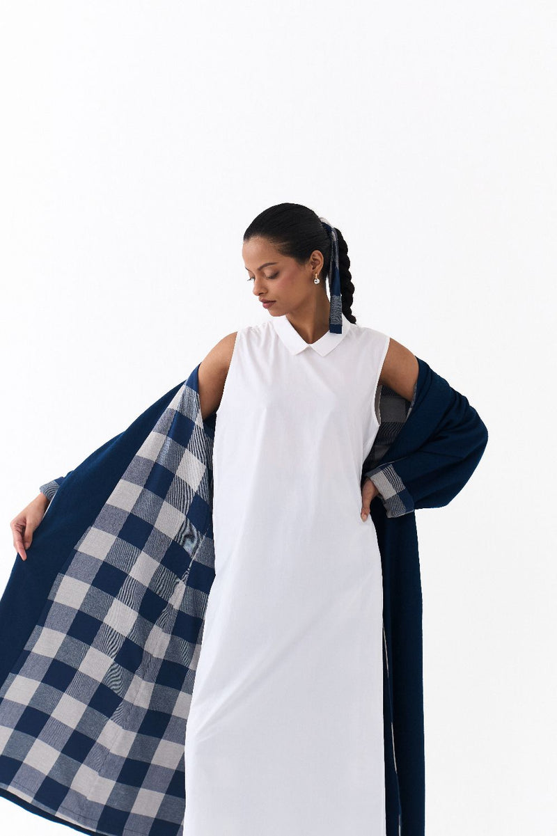NOTCH COLLAR OVERLAY CO ORD
(SET OF 3)-NAVY & WHITE by THREE in white color for women Worldwide