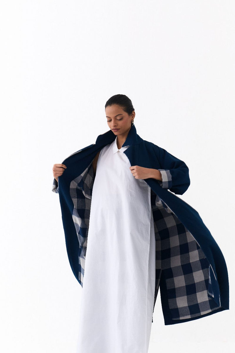 NOTCH COLLAR OVERLAY CO ORD
(SET OF 3)-NAVY & WHITE by THREE in white color for women Worldwide