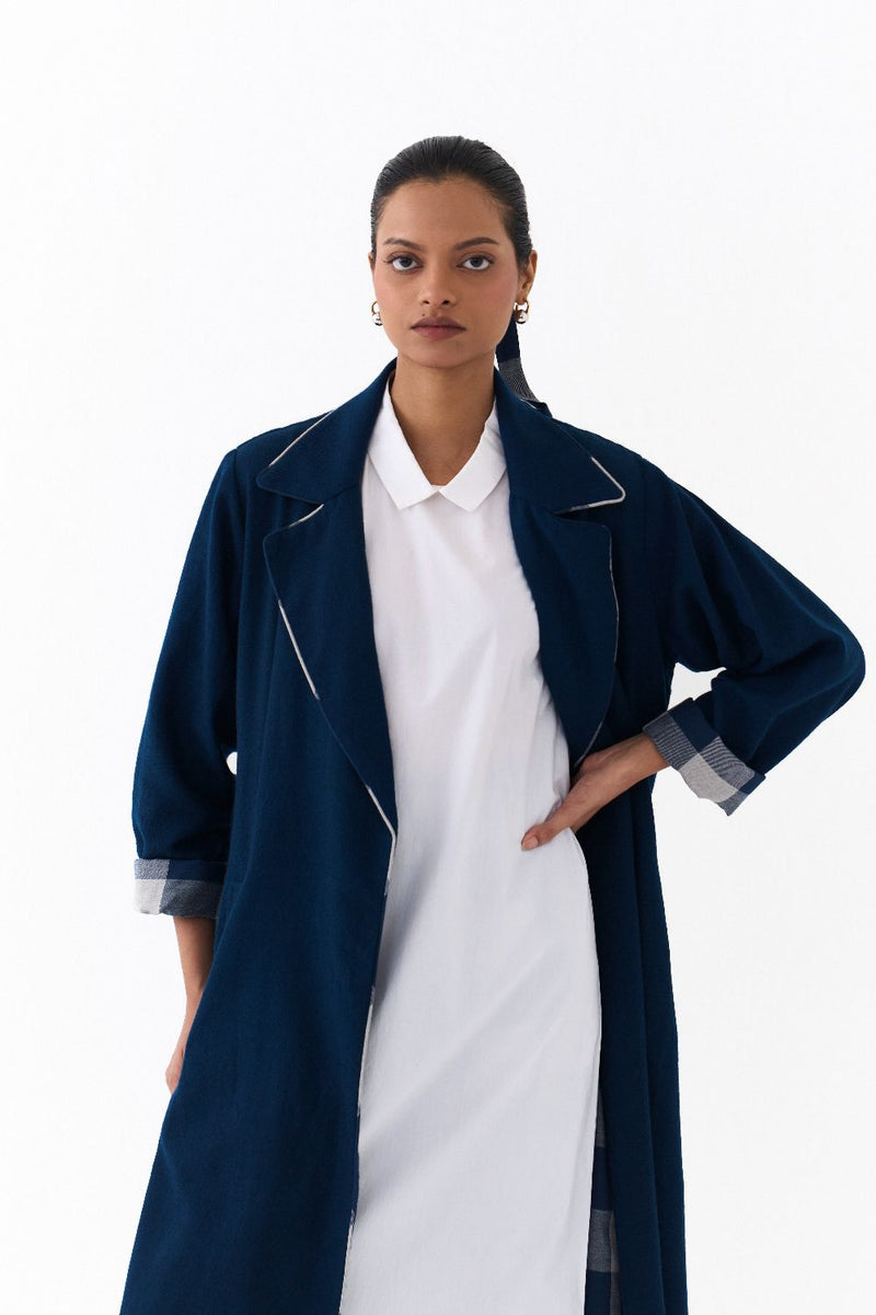 NOTCH COLLAR OVERLAY CO ORD
(SET OF 3)-NAVY & WHITE by THREE in white color for women Worldwide