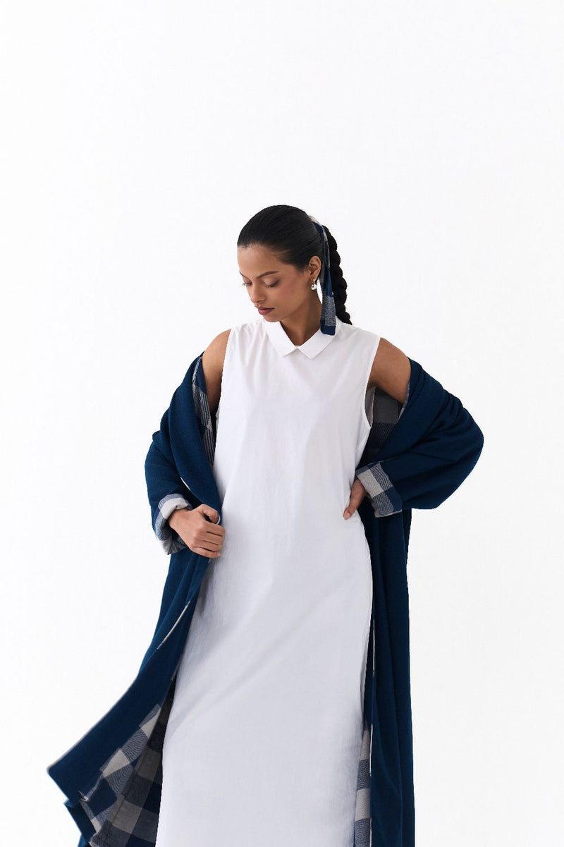 NOTCH COLLAR OVERLAY CO ORD
(SET OF 3)-NAVY & WHITE by THREE in white color for women Worldwide