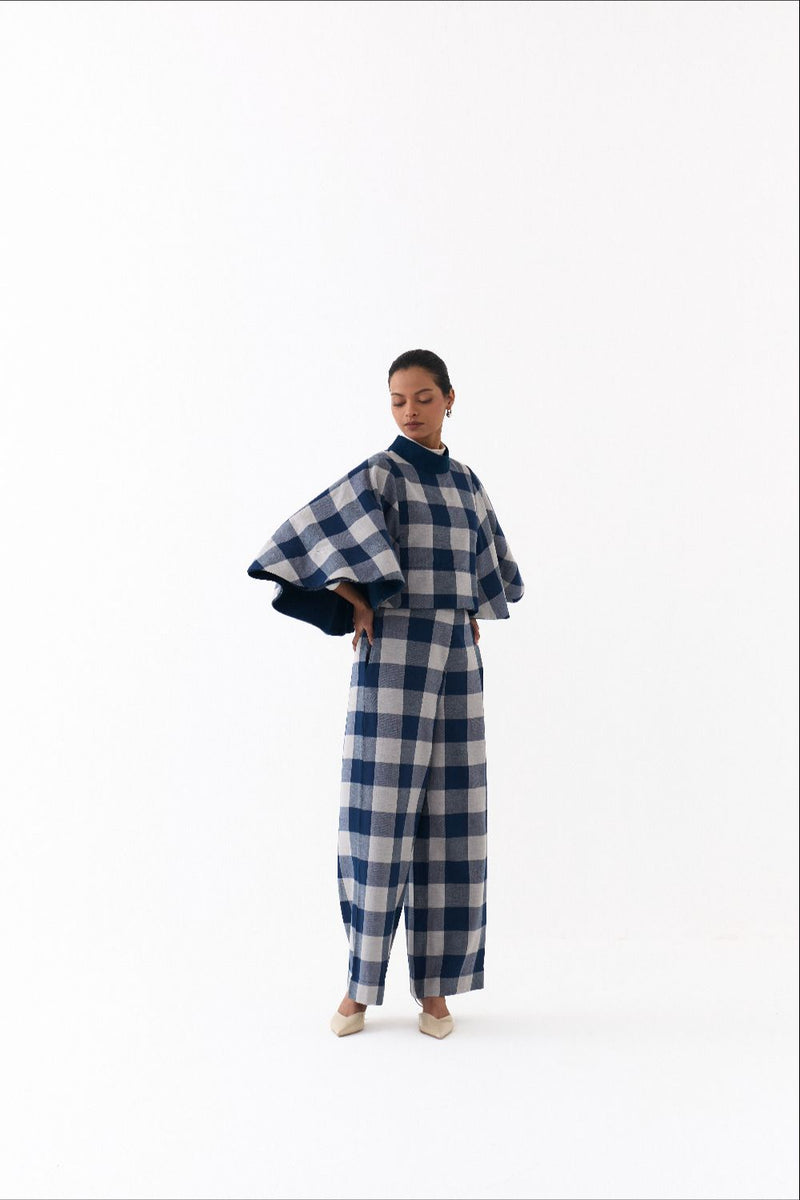 REVERSIBLE PONCHO-NAVY/ NAVY CHECK by THREE in navy color for women Worldwide