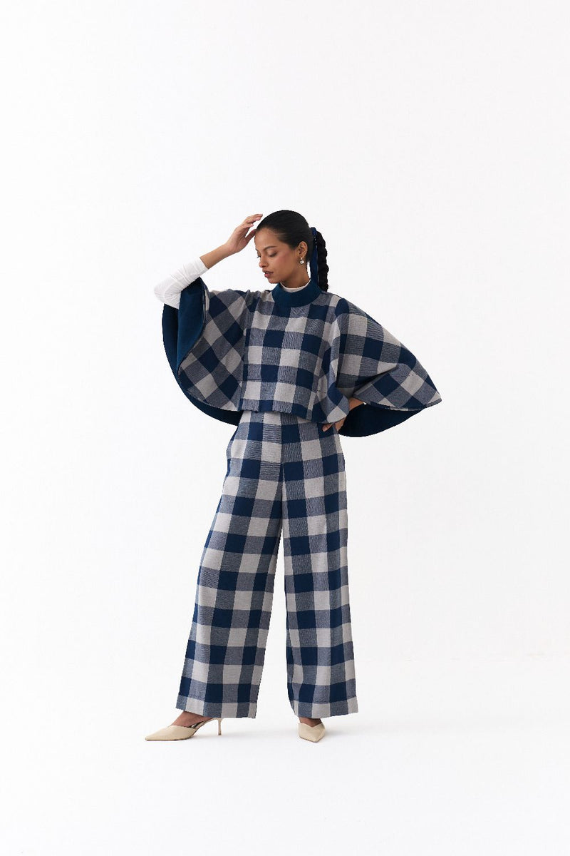 REVERSIBLE PONCHO-NAVY/ NAVY CHECK by THREE in navy color for women Worldwide