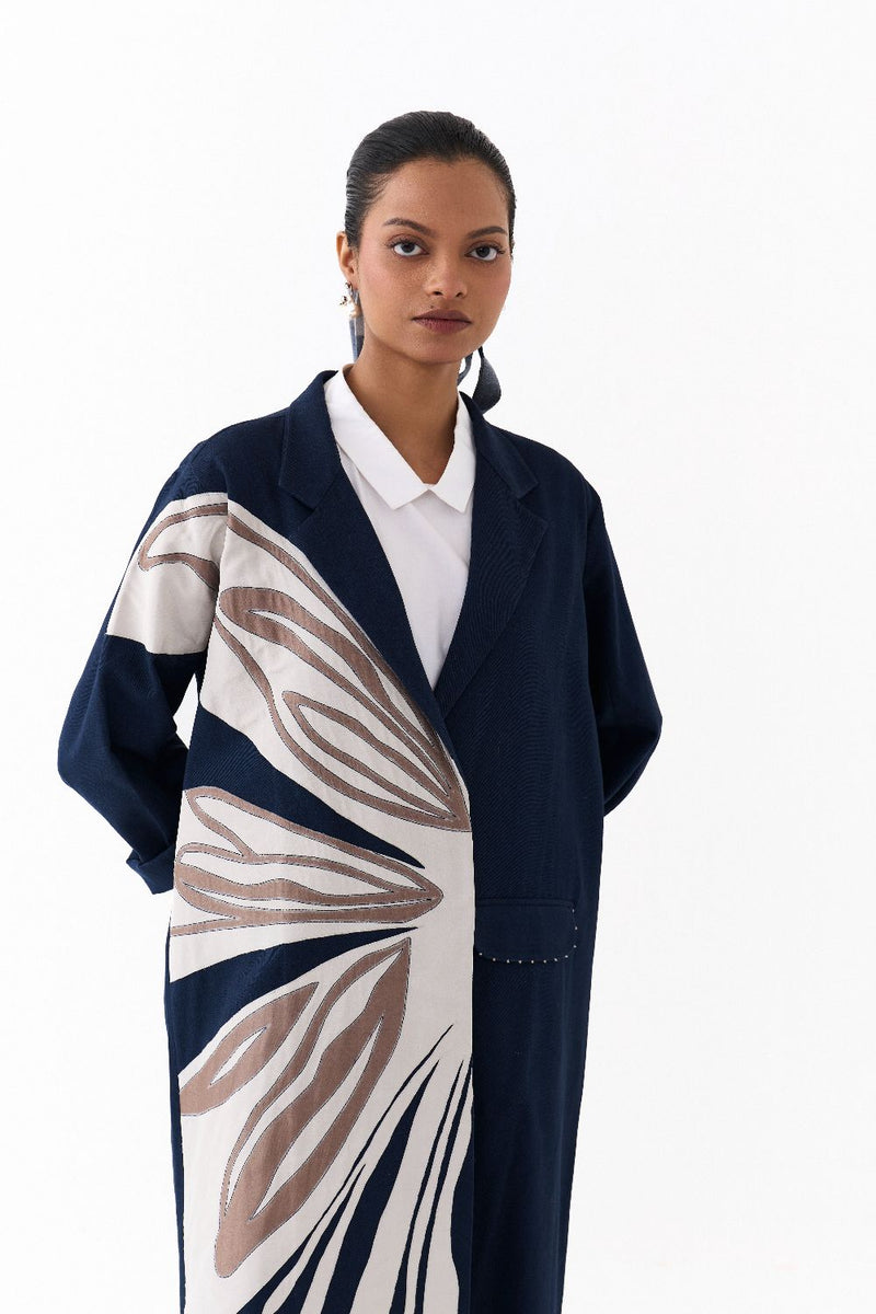 FLORAL APPLIQUE JACKET CO ORD
(SET OF 2)-NAVY & WHITE 100% cotton by THREE in navy color for women Worldwide