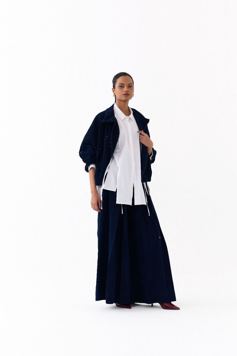 DRAWSTRING BOMBER CO ORD
(SET OF 3)-NAVY & WHITE poplin by THREE in navy color for women Worldwide