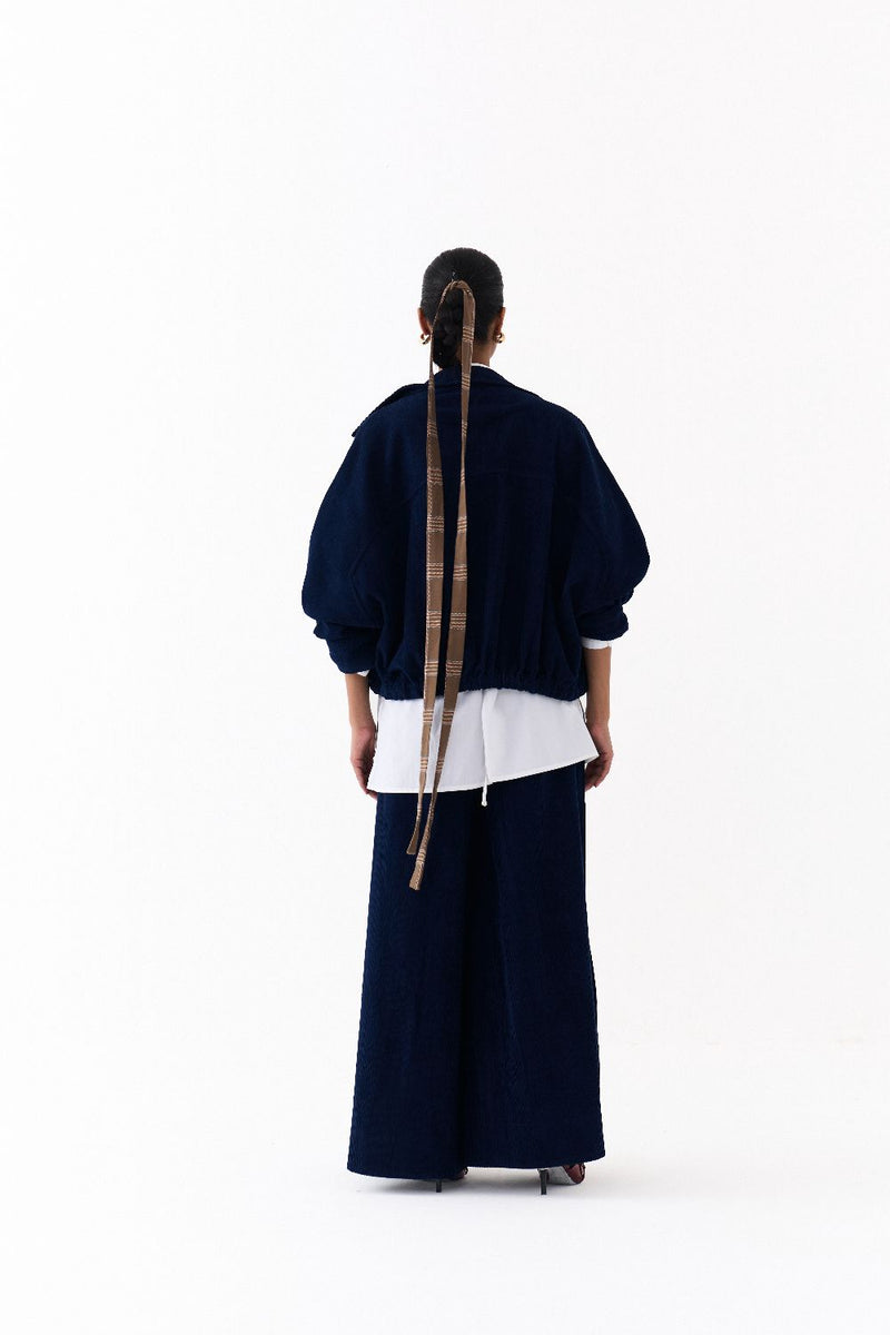 DRAWSTRING BOMBER CO ORD
(SET OF 3)-NAVY & WHITE poplin by THREE in navy color for women Worldwide