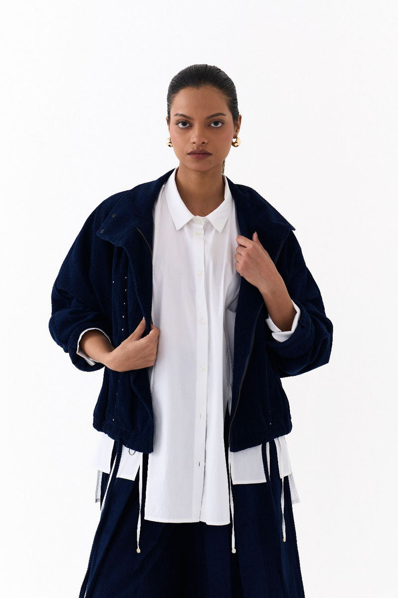 DRAWSTRING BOMBER CO ORD
(SET OF 3)-NAVY & WHITE poplin by THREE in navy color for women Worldwide