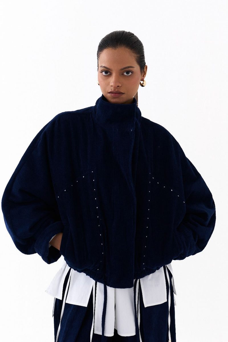 DRAWSTRING BOMBER CO ORD
(SET OF 3)-NAVY & WHITE poplin by THREE in navy color for women Worldwide
