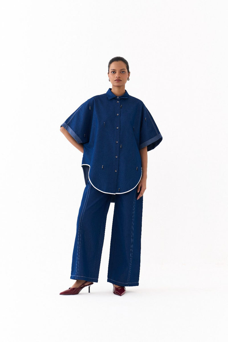 EMB. U-HEM SHIRT-DENIM BLUE by THREE in blue color for women Worldwide