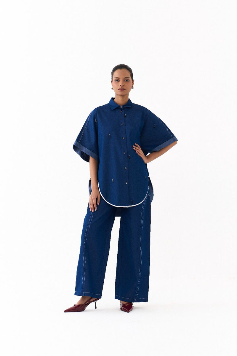 EMB. U-HEM SHIRT CO ORD
(SET OF 2)-DENIM BLUE by THREE in blue color for women Worldwide
