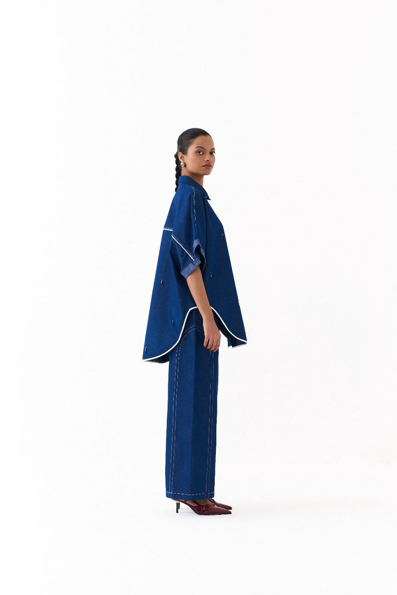 EMB. U-HEM SHIRT-DENIM BLUE by THREE in blue color for women Worldwide