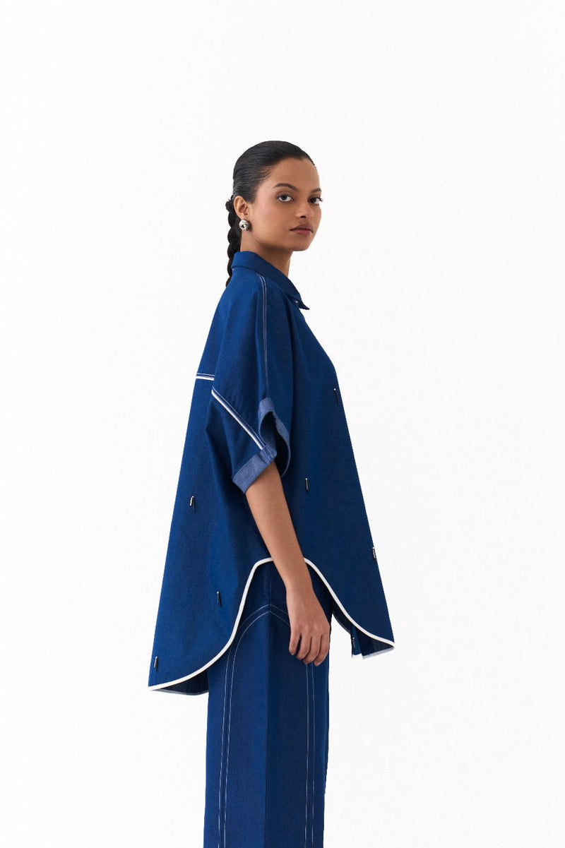 EMB. U-HEM SHIRT CO ORD
(SET OF 2)-DENIM BLUE by THREE in blue color for women Worldwide
