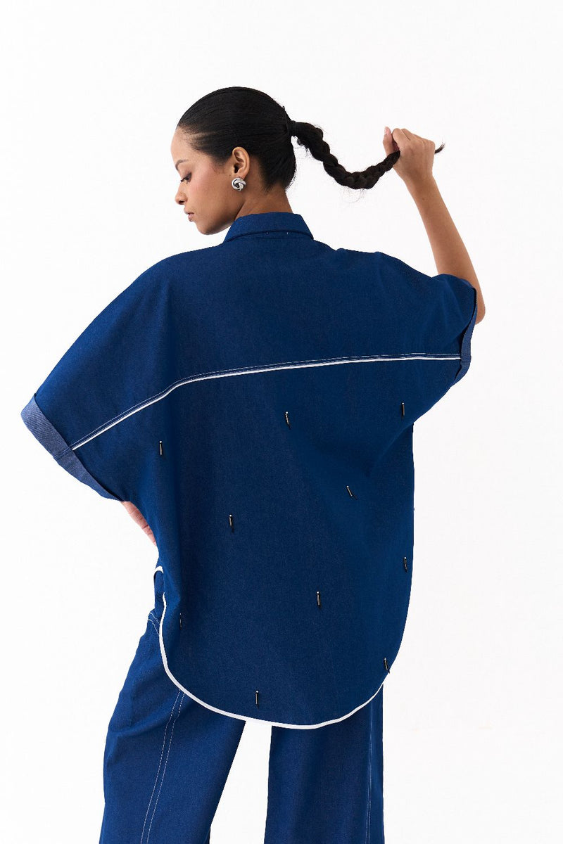 EMB. U-HEM SHIRT CO ORD
(SET OF 2)-DENIM BLUE by THREE in blue color for women Worldwide