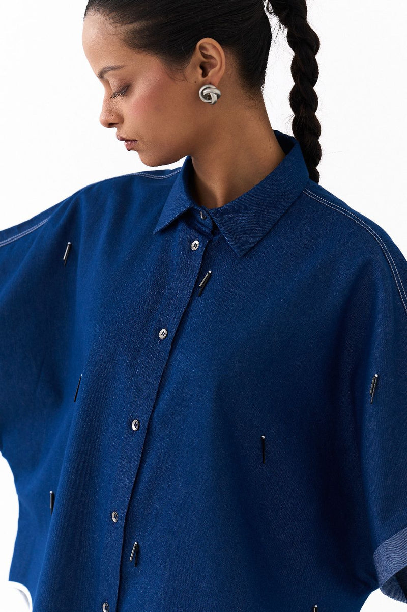 EMB. U-HEM SHIRT CO ORD
(SET OF 2)-DENIM BLUE by THREE in blue color for women Worldwide
