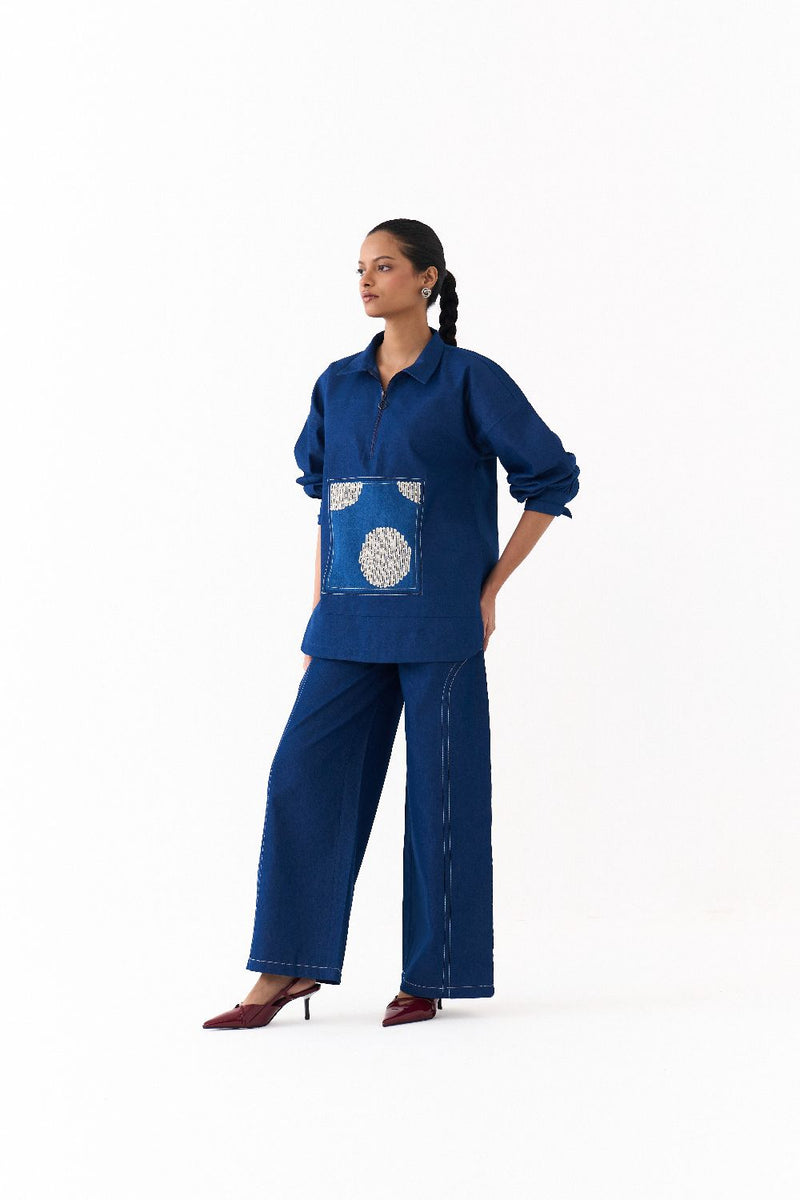 PATCH U HEM TOP-DENIM BLUE by THREE in blue color for women Worldwide