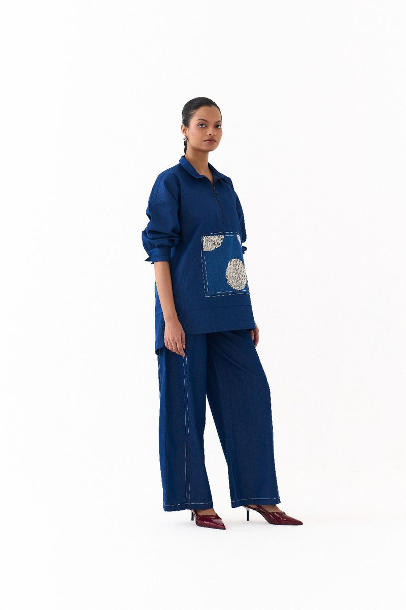 PATCH U HEM TOP-DENIM BLUE by THREE in blue color for women Worldwide