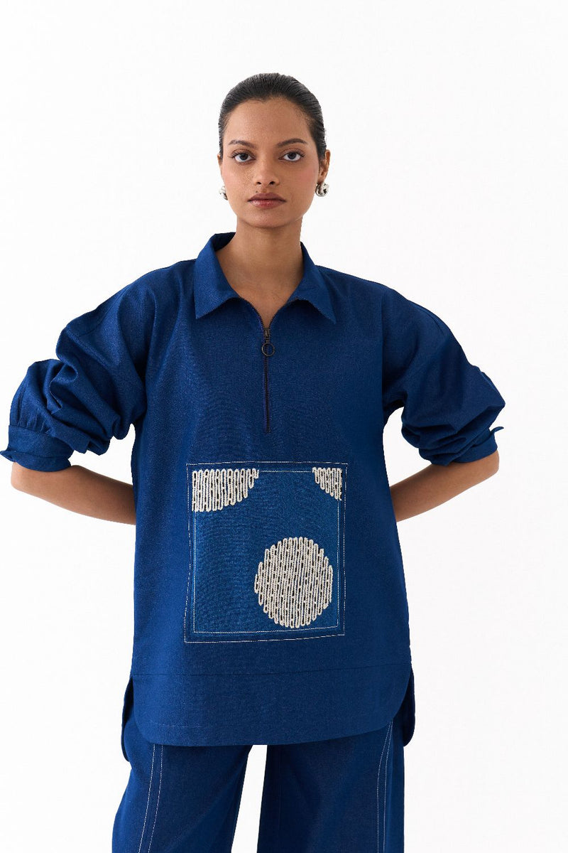 PATCH U HEM TOP-DENIM BLUE by THREE in blue color for women Worldwide