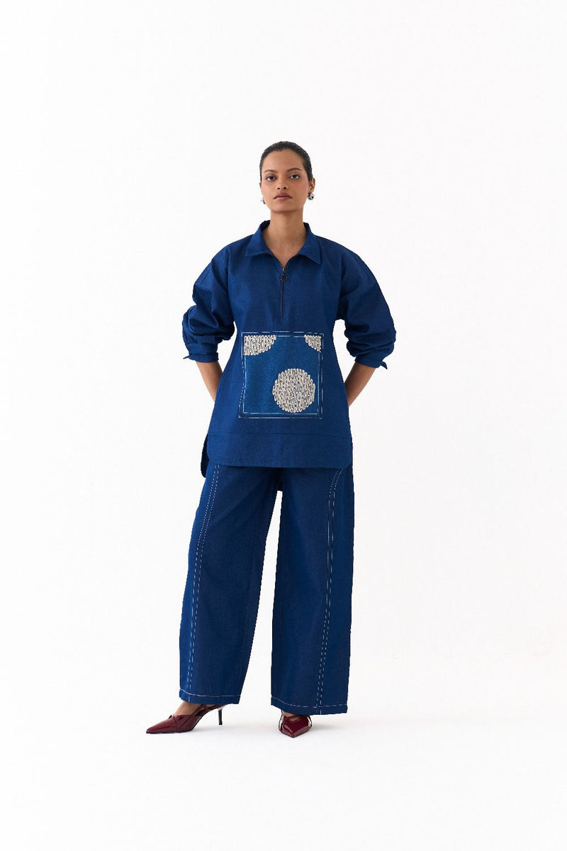 PATCH U HEM TOP-DENIM BLUE by THREE in blue color for women Worldwide