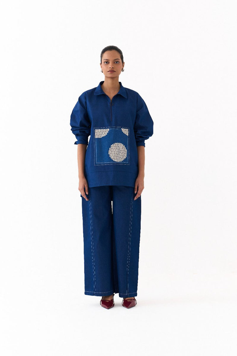 PATCH U HEM TOP-DENIM BLUE by THREE in blue color for women Worldwide