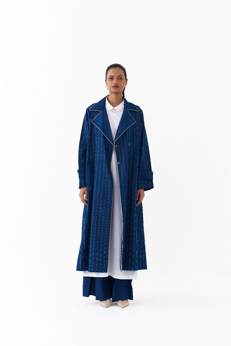 DOUBLE BREASTED TRENCH OVERLAY CO ORD 
(SET OF 3)-DENIM BLUE & WHITE 100% cotton by THREE in blue color for women Worldwide