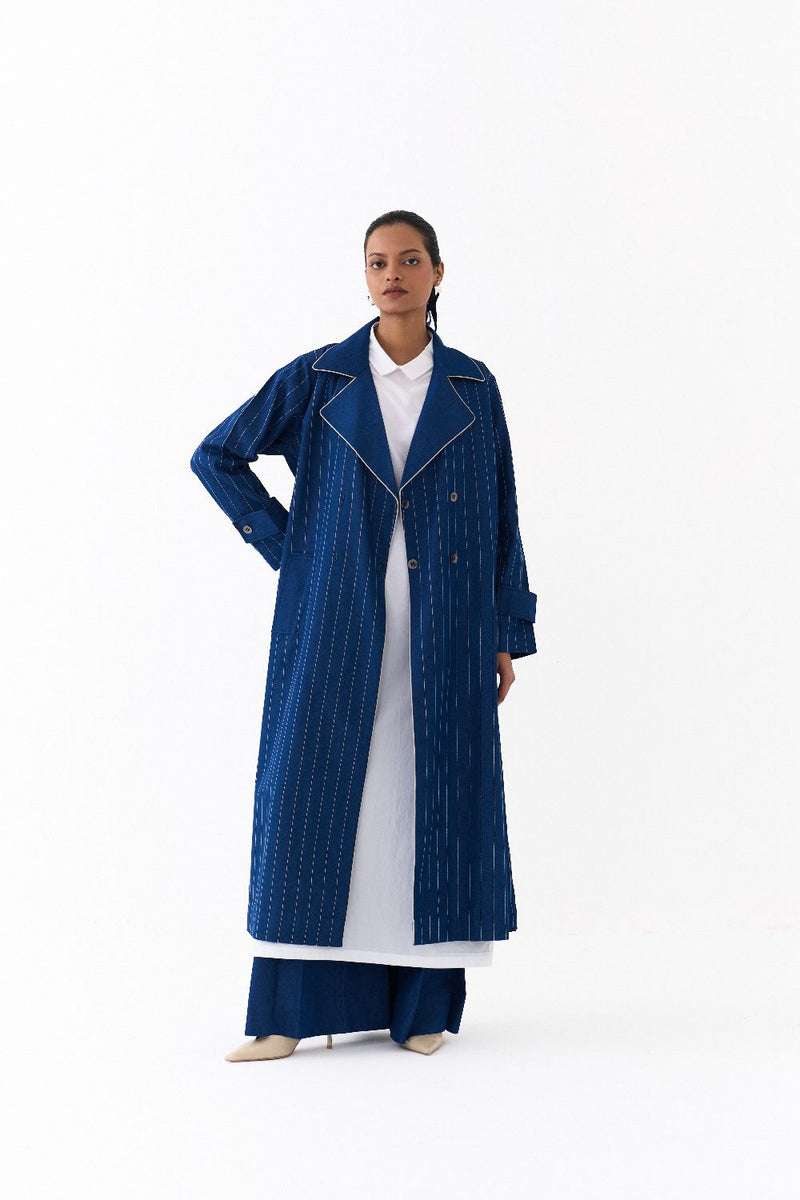 DOUBLE BREASTED TRENCH OVERLAY CO ORD 
(SET OF 3)-DENIM BLUE & WHITE 100% cotton by THREE in blue color for women Worldwide
