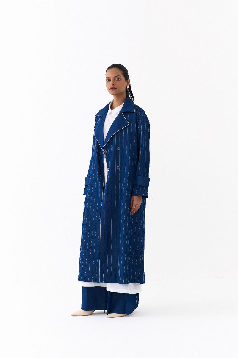 DOUBLE BREASTED TRENCH OVERLAY CO ORD 
(SET OF 3)-DENIM BLUE & WHITE 100% cotton by THREE in blue color for women Worldwide