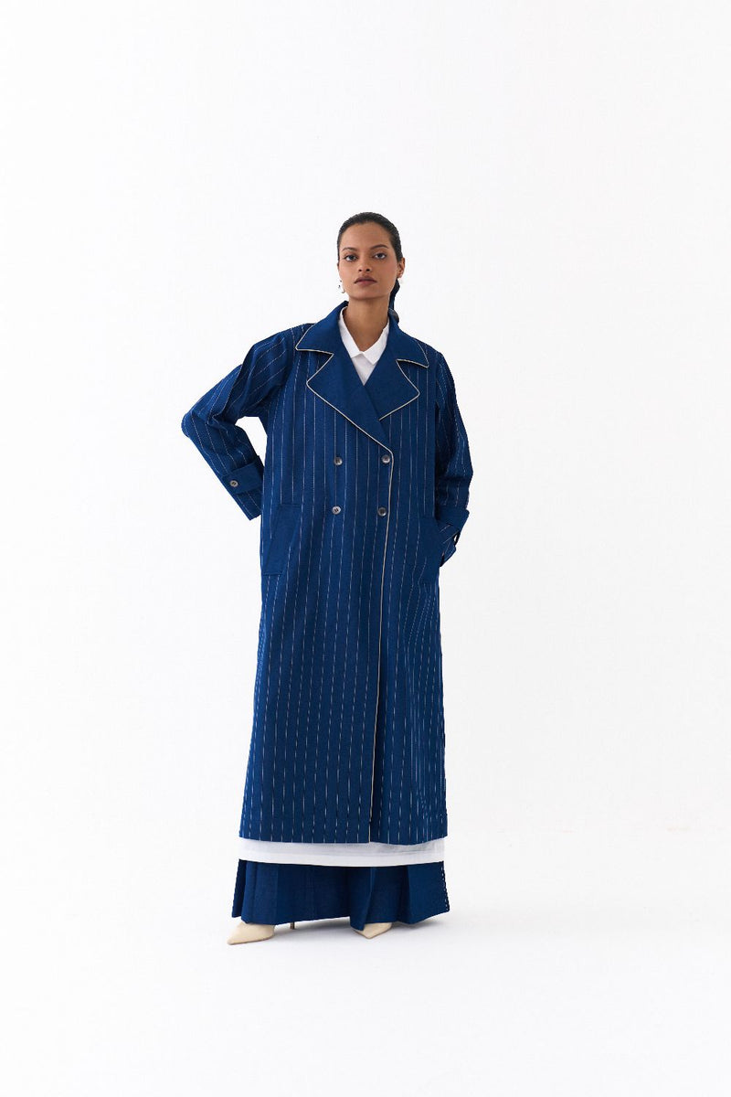 DOUBLE BREASTED TRENCH OVERLAY CO ORD 
(SET OF 3)-DENIM BLUE & WHITE 100% cotton by THREE in blue color for women Worldwide