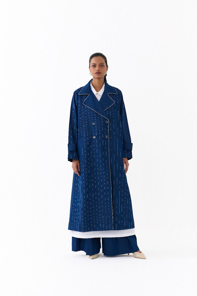 DOUBLE BREASTED TRENCH OVERLAY CO ORD 
(SET OF 3)-DENIM BLUE & WHITE 100% cotton by THREE in blue color for women Worldwide