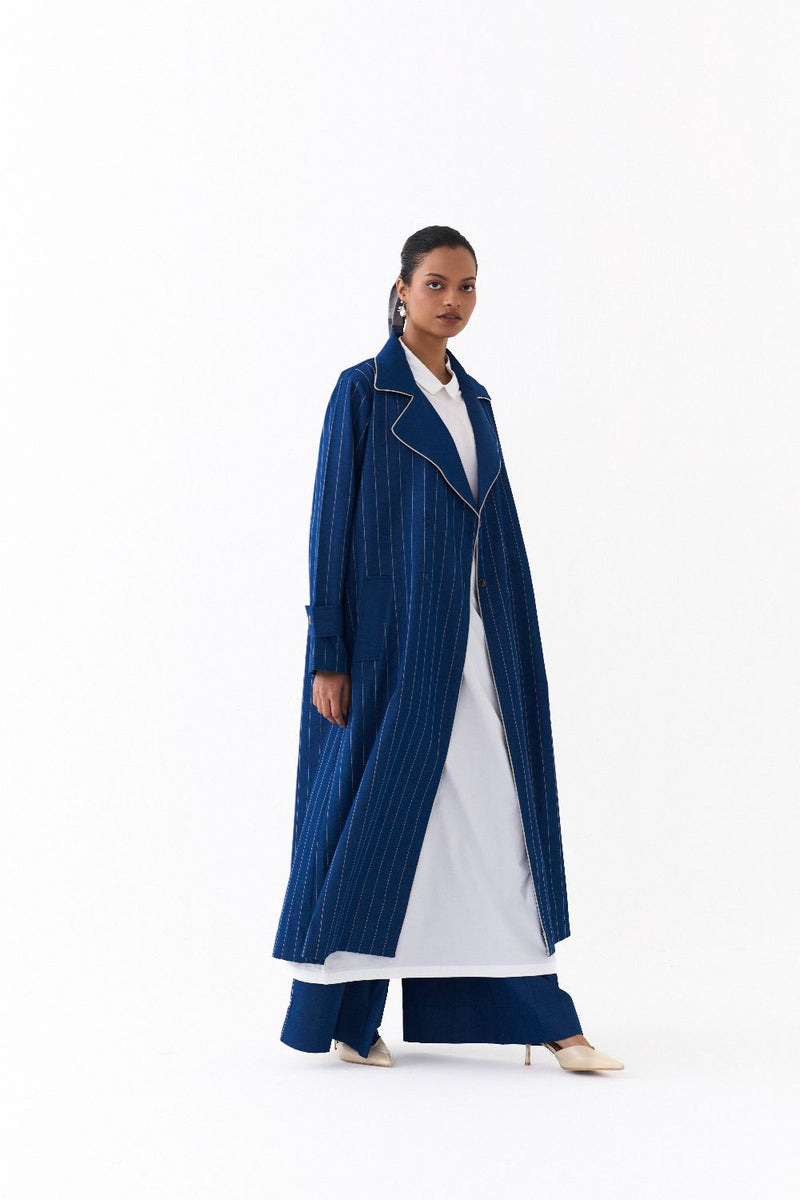 DOUBLE BREASTED TRENCH OVERLAY-DENIM BLUE by THREE in blue color for women Worldwide