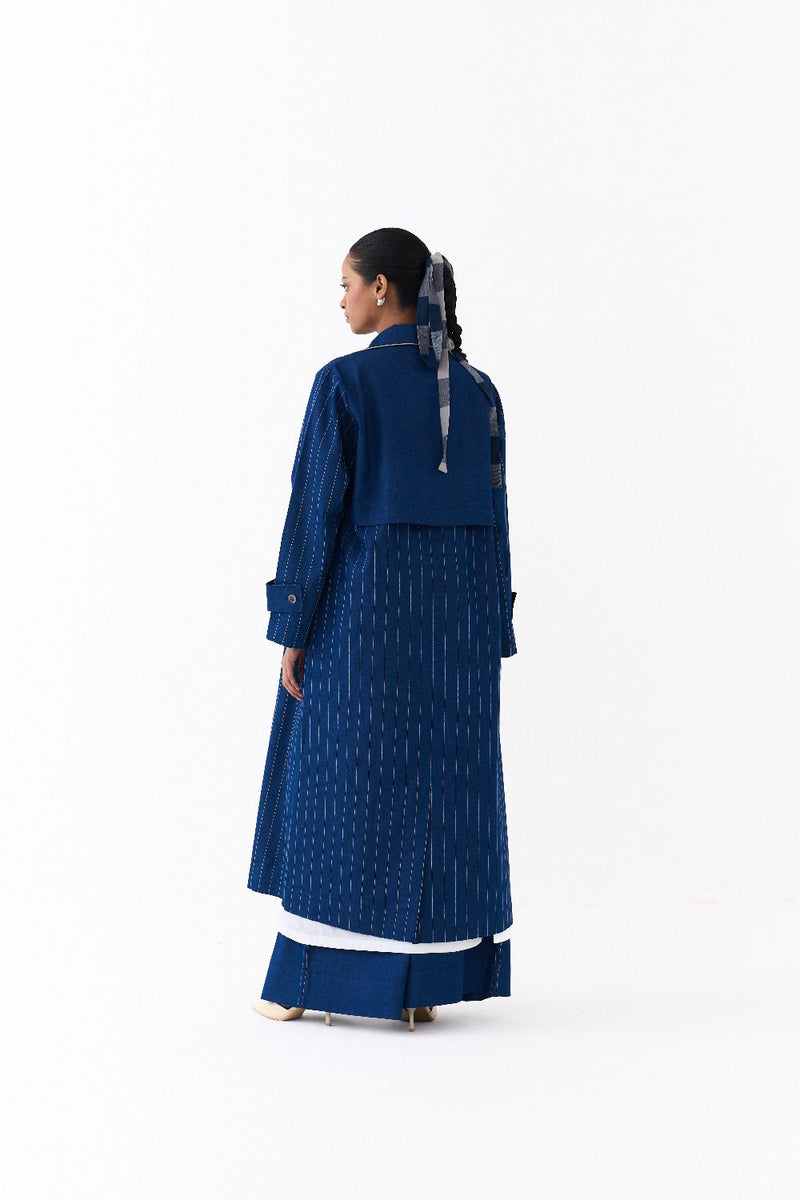 DOUBLE BREASTED TRENCH OVERLAY CO ORD 
(SET OF 3)-DENIM BLUE & WHITE 100% cotton by THREE in blue color for women Worldwide