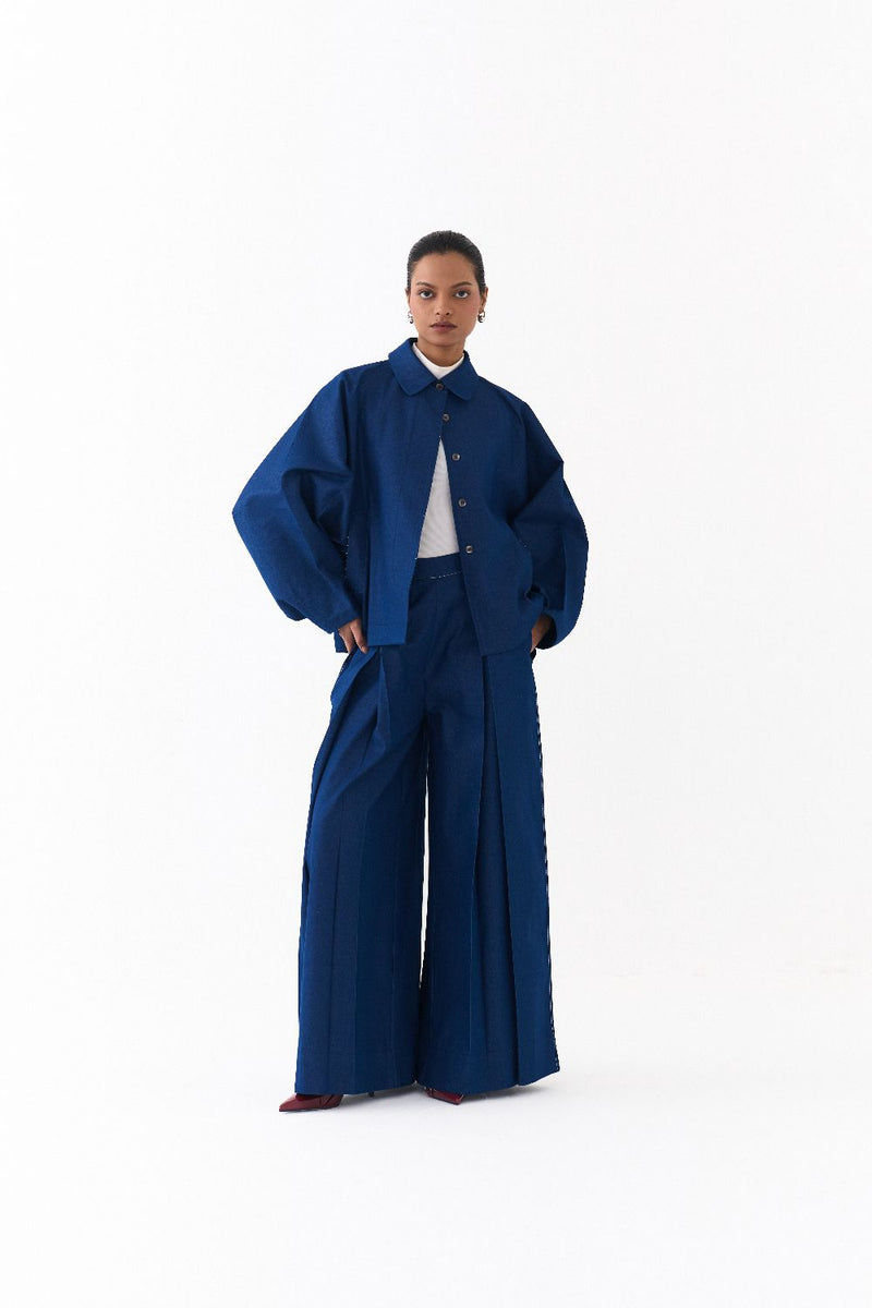 BAT SLEEVE JACKET CO ORD
(SET OF 2)-DENIM BLUE by THREE in blue color for women Worldwide