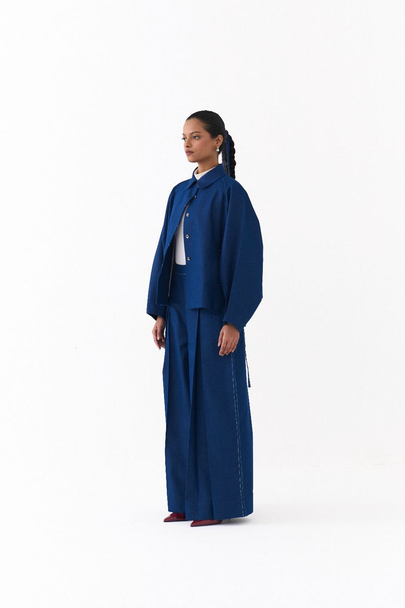 BAT SLEEVE JACKET CO ORD
(SET OF 2)-DENIM BLUE by THREE in blue color for women Worldwide