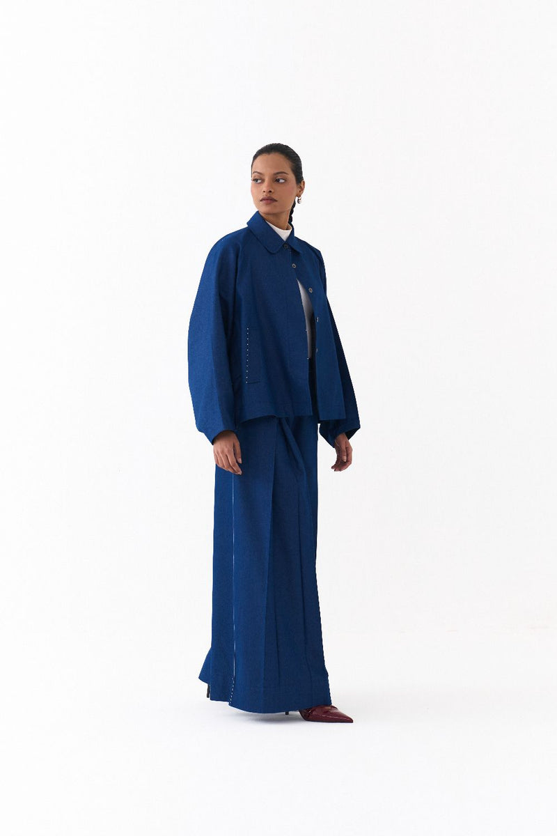 BAT SLEEVE JACKET CO ORD
(SET OF 2)-DENIM BLUE by THREE in blue color for women Worldwide
