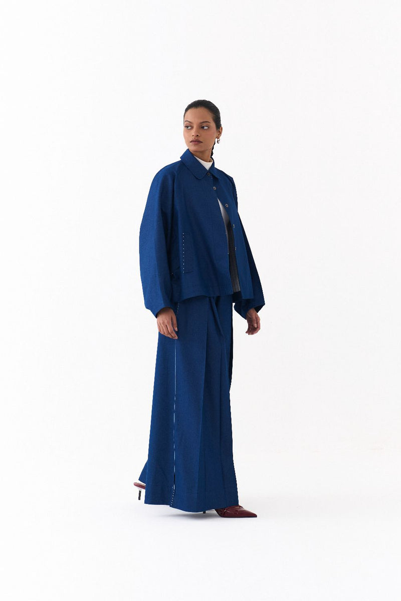 BAT SLEEVE JACKET CO ORD
(SET OF 2)-DENIM BLUE by THREE in blue color for women Worldwide