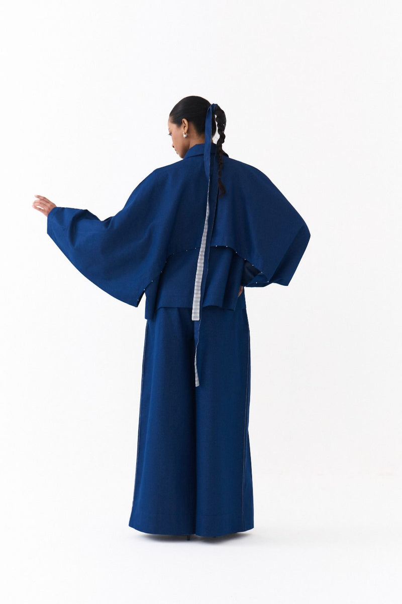 BAT SLEEVE JACKET CO ORD
(SET OF 2)-DENIM BLUE by THREE in blue color for women Worldwide