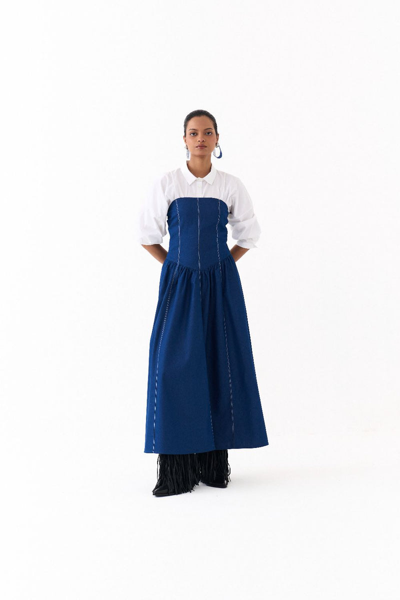 CORSET DRESS CO ORD
(SET OF 2)-DENIM BLUE & WHITE 100% cotton by THREE in blue color for women Worldwide