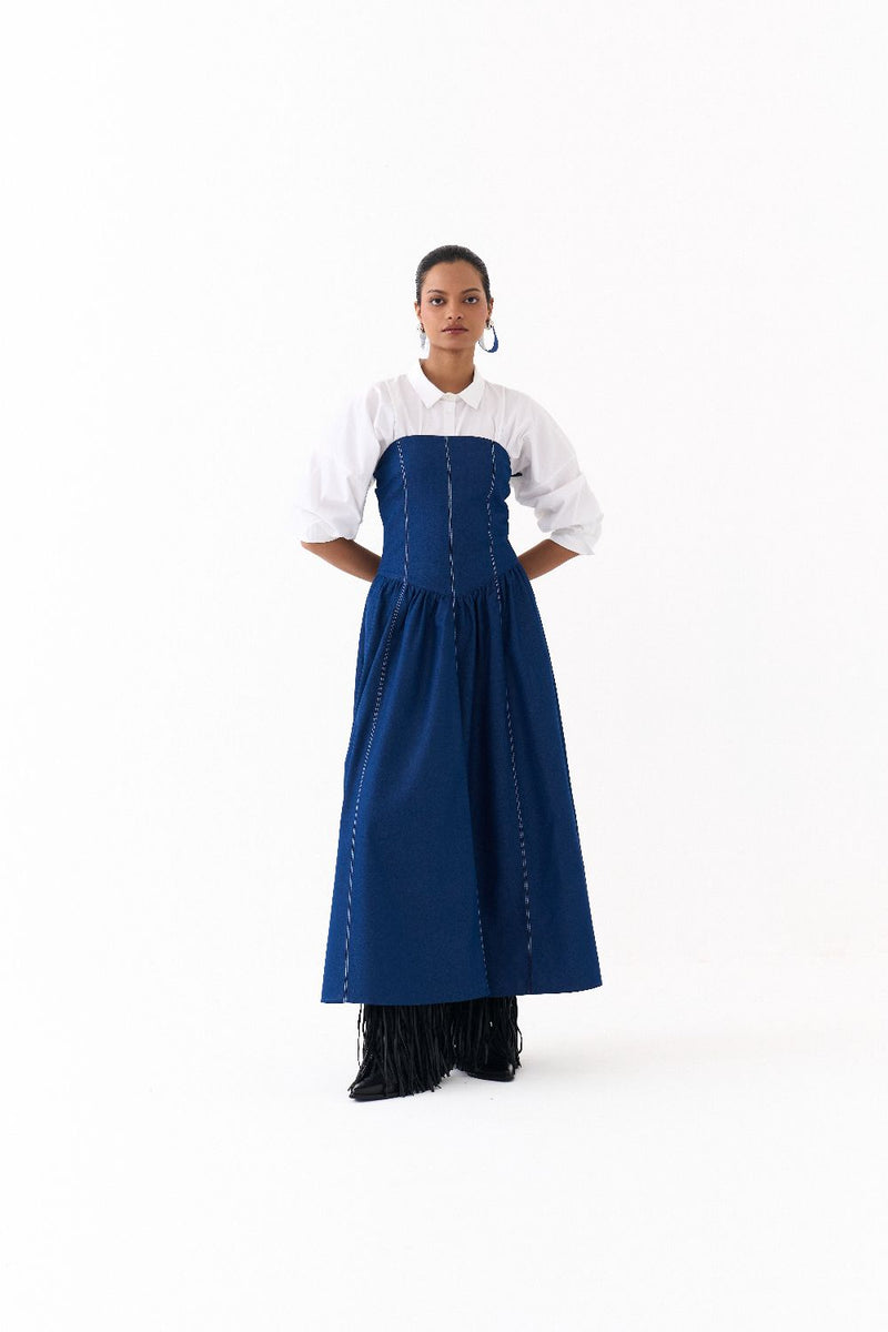 CORSET DRESS CO ORD
(SET OF 2)-DENIM BLUE & WHITE 100% cotton by THREE in blue color for women Worldwide