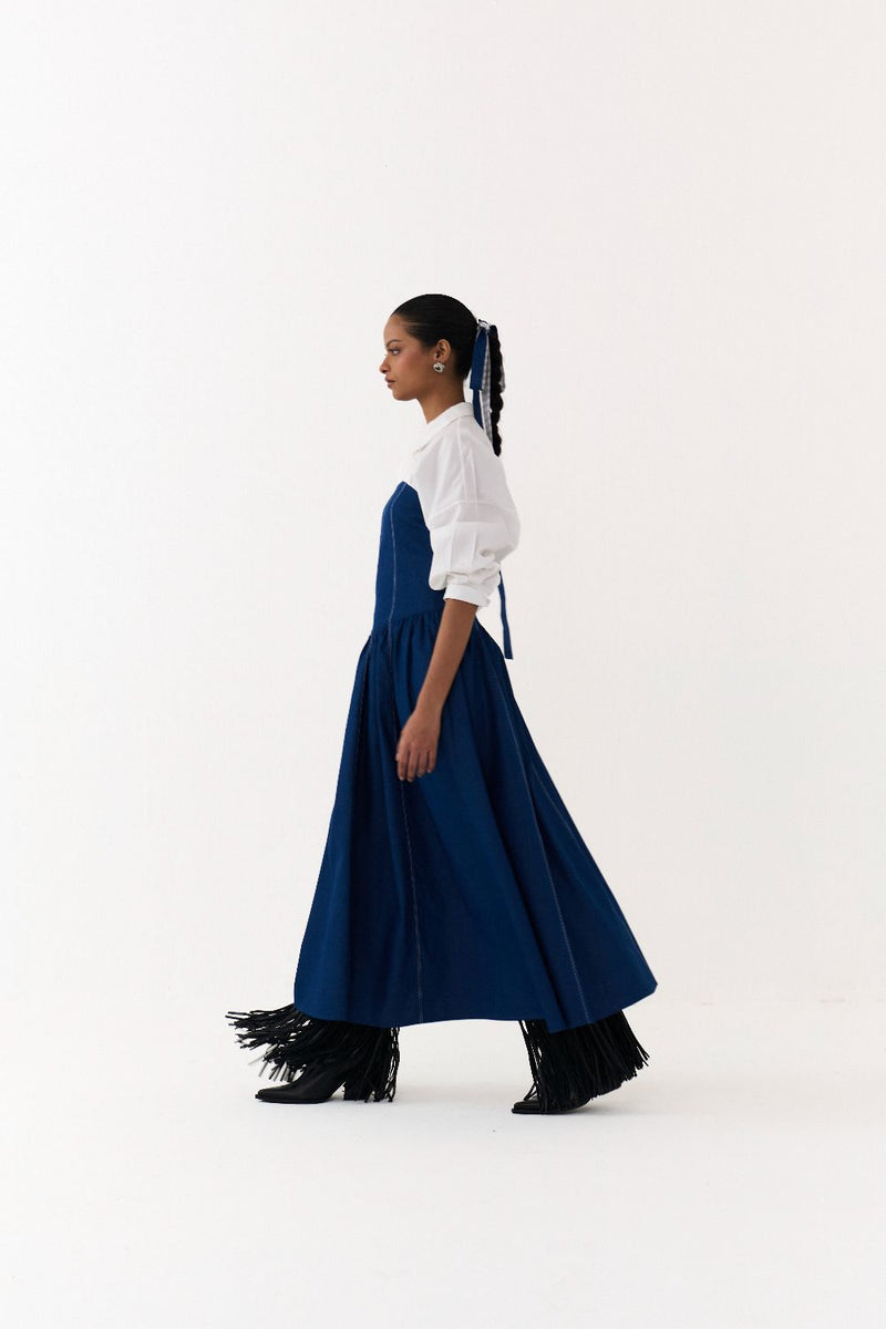 CORSET DRESS CO ORD
(SET OF 2)-DENIM BLUE & WHITE 100% cotton by THREE in blue color for women Worldwide