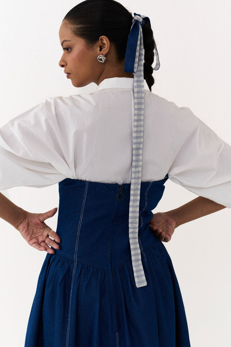 CORSET DRESS CO ORD
(SET OF 2)-DENIM BLUE & WHITE 100% cotton by THREE in blue color for women Worldwide
